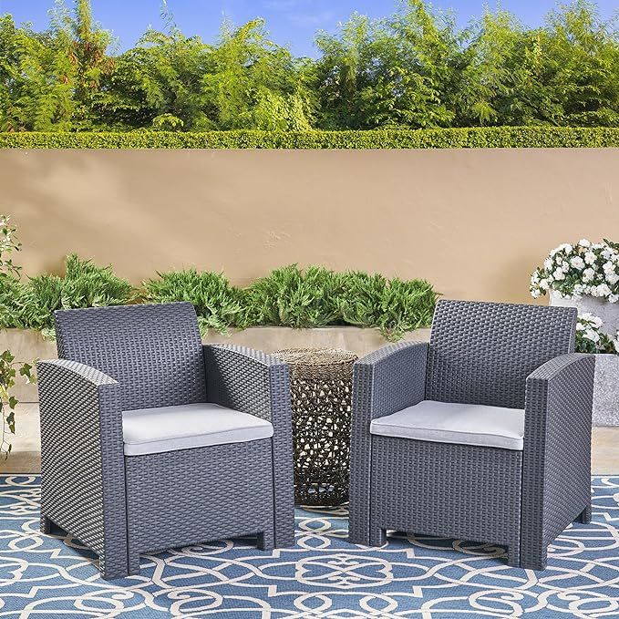 Outdoor Charcoal Faux Wicker Club Chairs with Light Grey Water Resistant Cushions