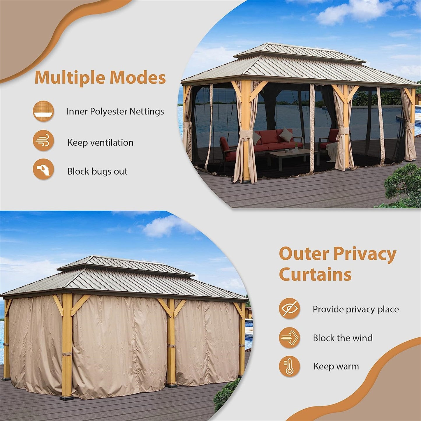 12'x20' Hardtop Gazebo, Outdoor Cedar Wood Frame Canopy with Galvanized Steel Double Roof, Outdoor Permanent Metal Pavilion with Curtains and Netting for Patio, Backyard and Lawn(Brown)