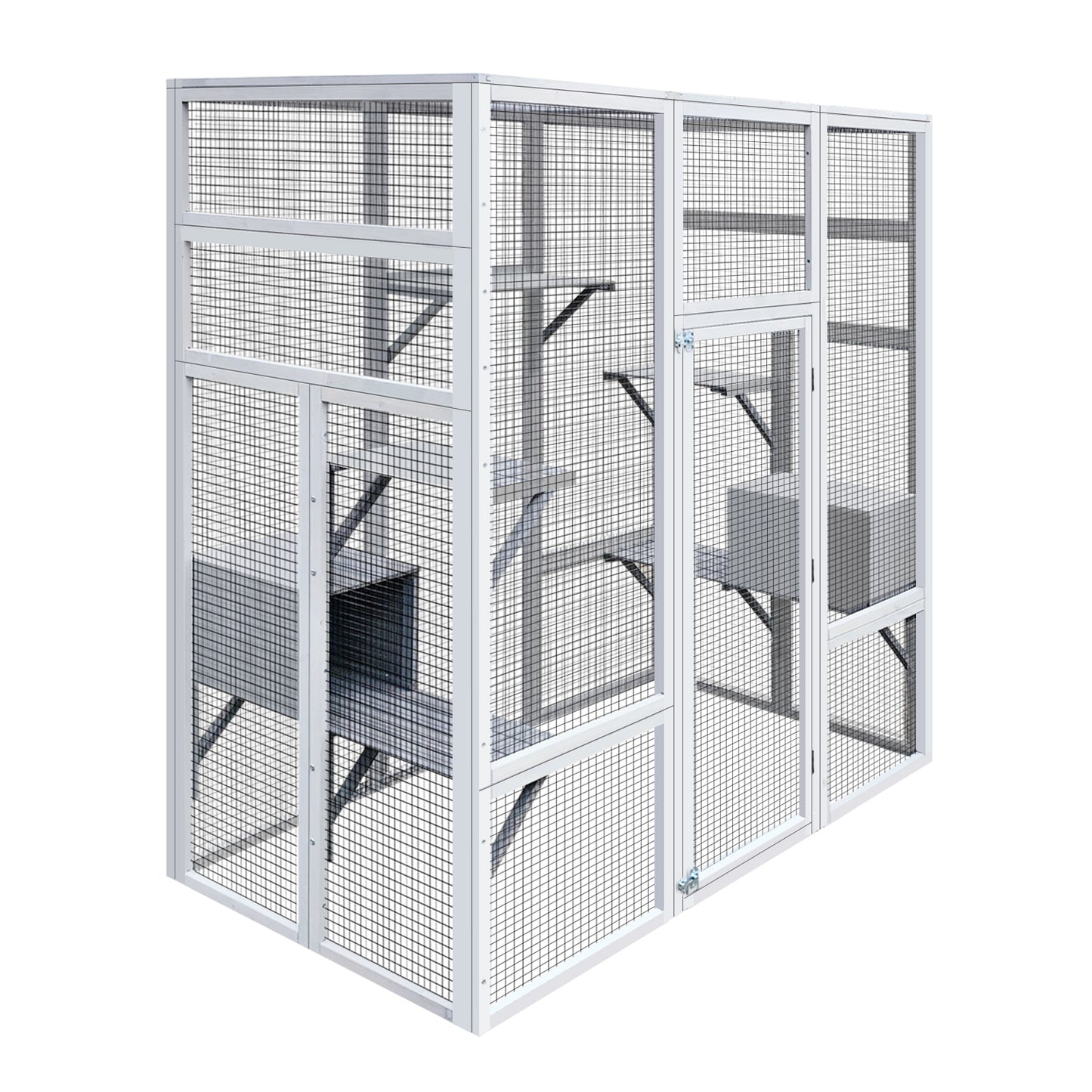 62.6" Outdoor Wooden Cat House Large Catio,  Solid Wood Cat Cage Shelter Enclosure Playpen with Anti-UV& Waterproof, 7 Platforms and 2 Resting Boxes