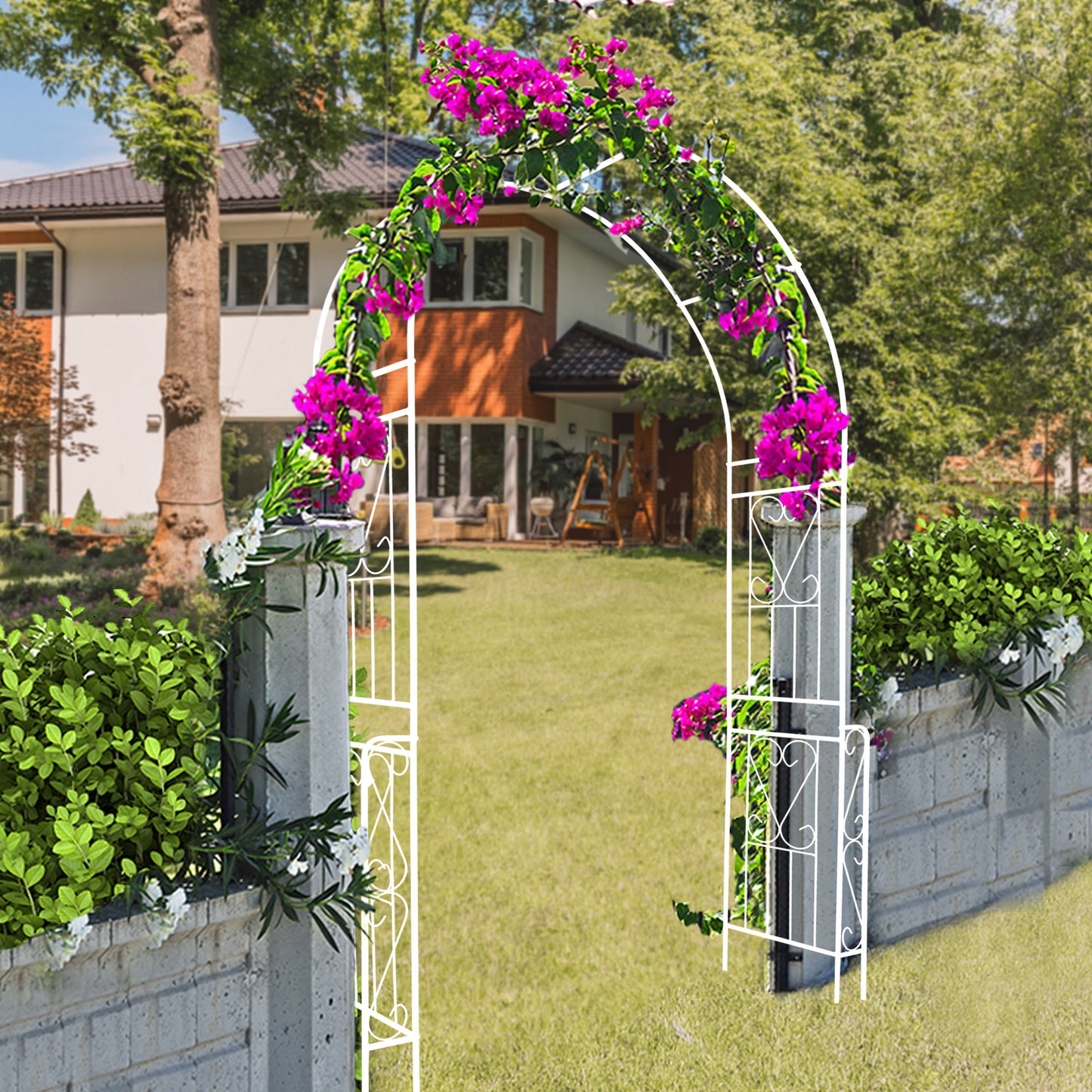 Metal Garden Arch W55'' x H94.5'' Garden Arbor Trellis Climbing Plants Support Rose Arch Outdoor Arch Cream White