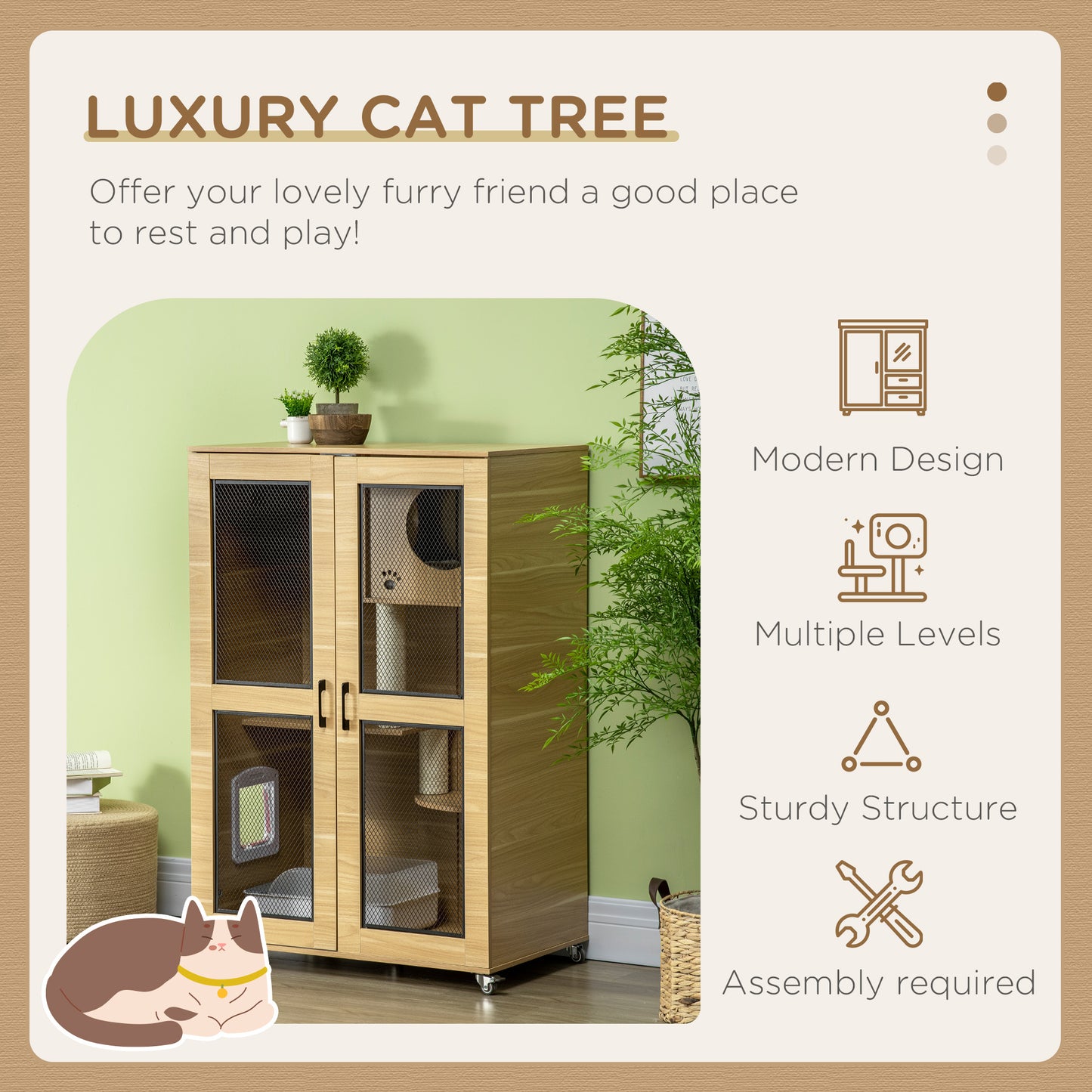 PawHut Luxury Cat House with Wheels,  Kitty Cage Catio Villa for Indoor Cats with Scratching Posts, Condo, Flap Door, Cushion, Oak, 31.5" x 20" x 48.5"