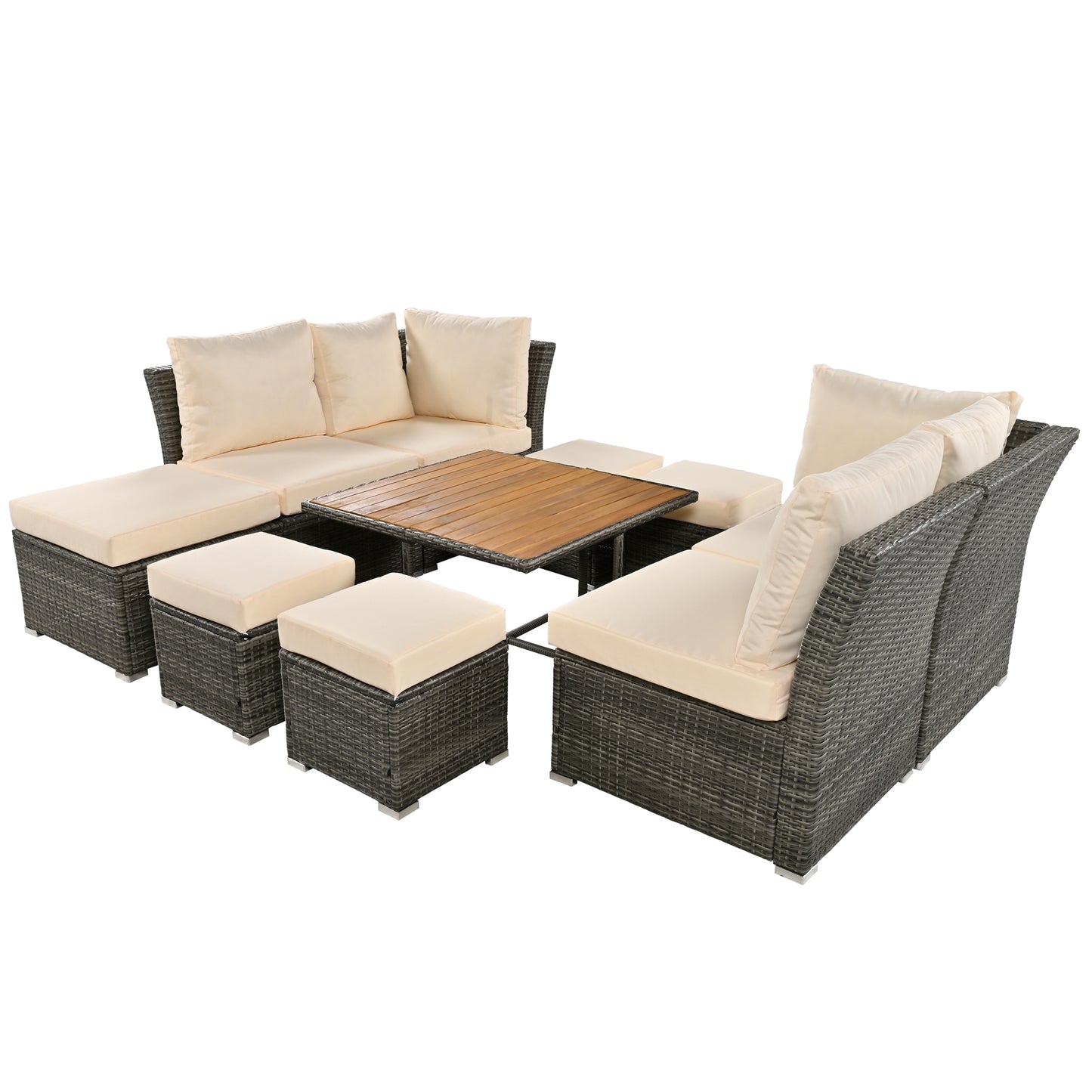 U_STYLE Patio Furniture Set, 10 Piece Outdoor Conversation Set, CoffeeTable with Ottomans, Solid wood coffee table