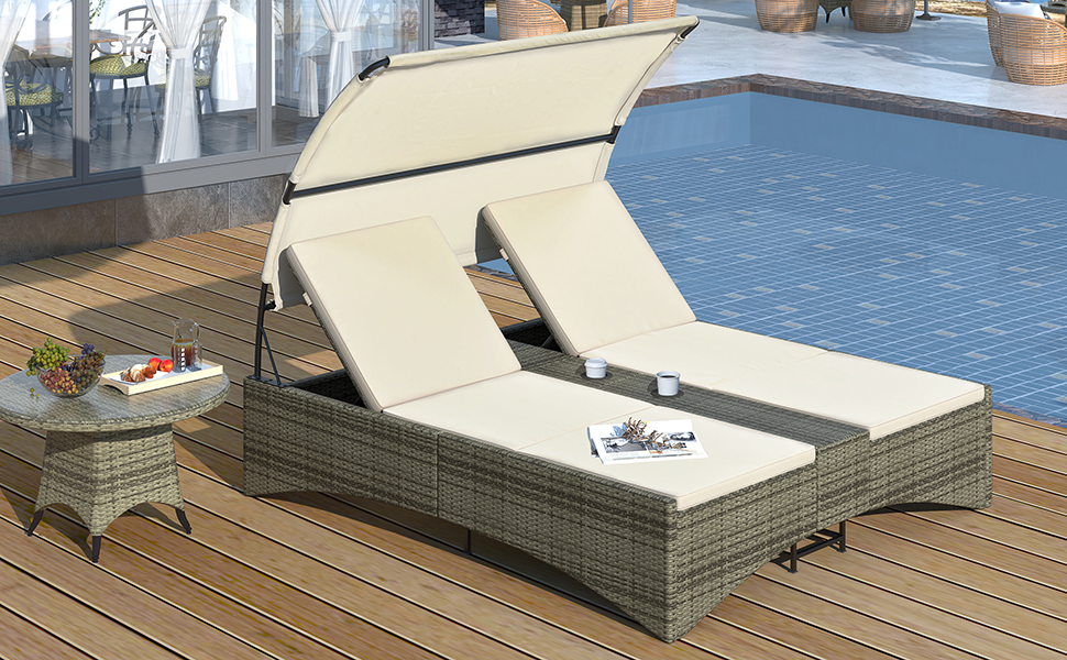 Patio Daybed Outdoor Daybed Outdoor Rattan Sun Lounger with Shelter Roof with Adjustable Backrest, Storage Box and 2 Cup Holders for Patio, Balcony, Poolside,Cream