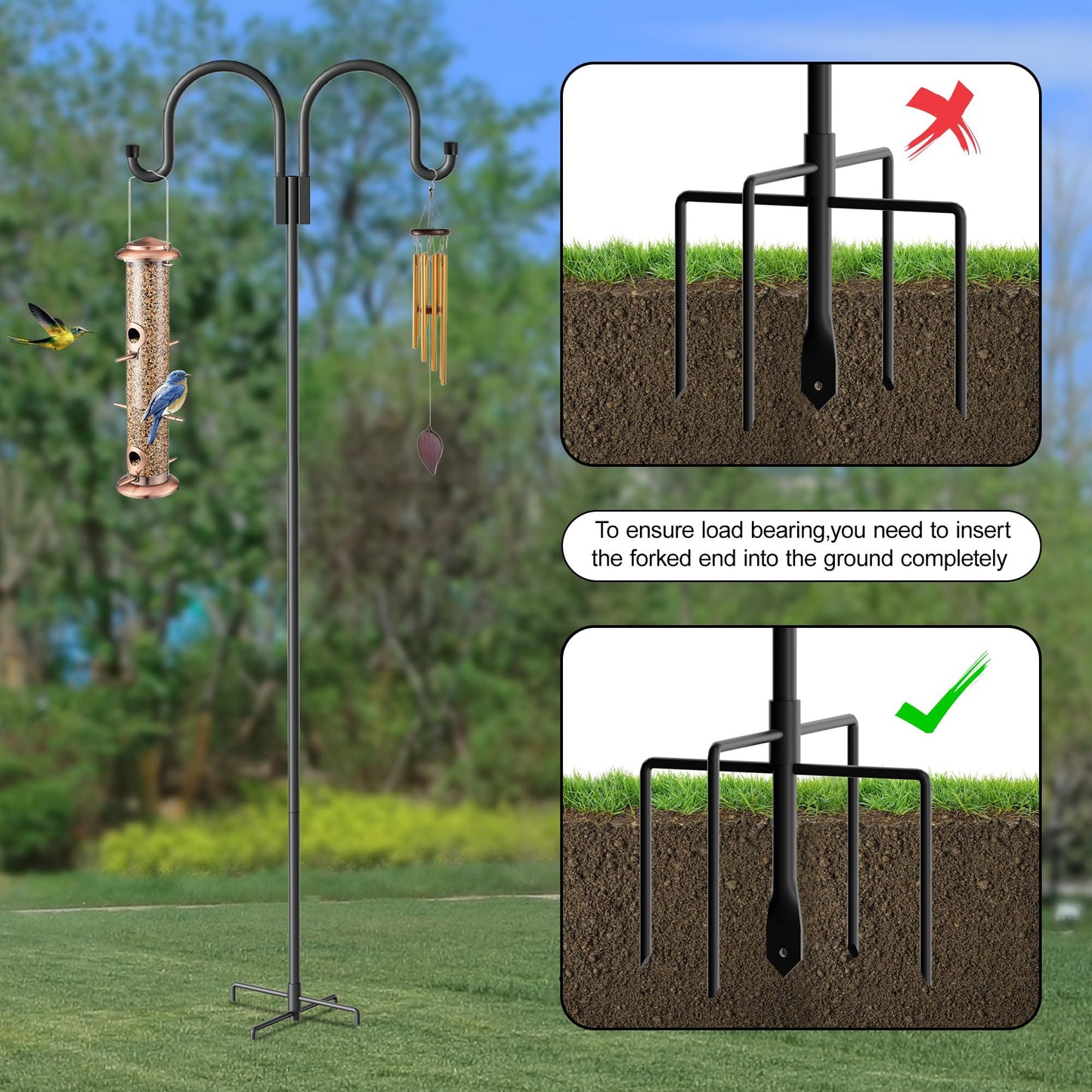 Double Shepherd Hooks for Outdoor, 79 Inch Heavy Duty Bird Feeder Pole for Hanging Bird Feeder, Garden Hooks Plant Baskets, Garden Plant Hanger Stands with 5 Prong Base