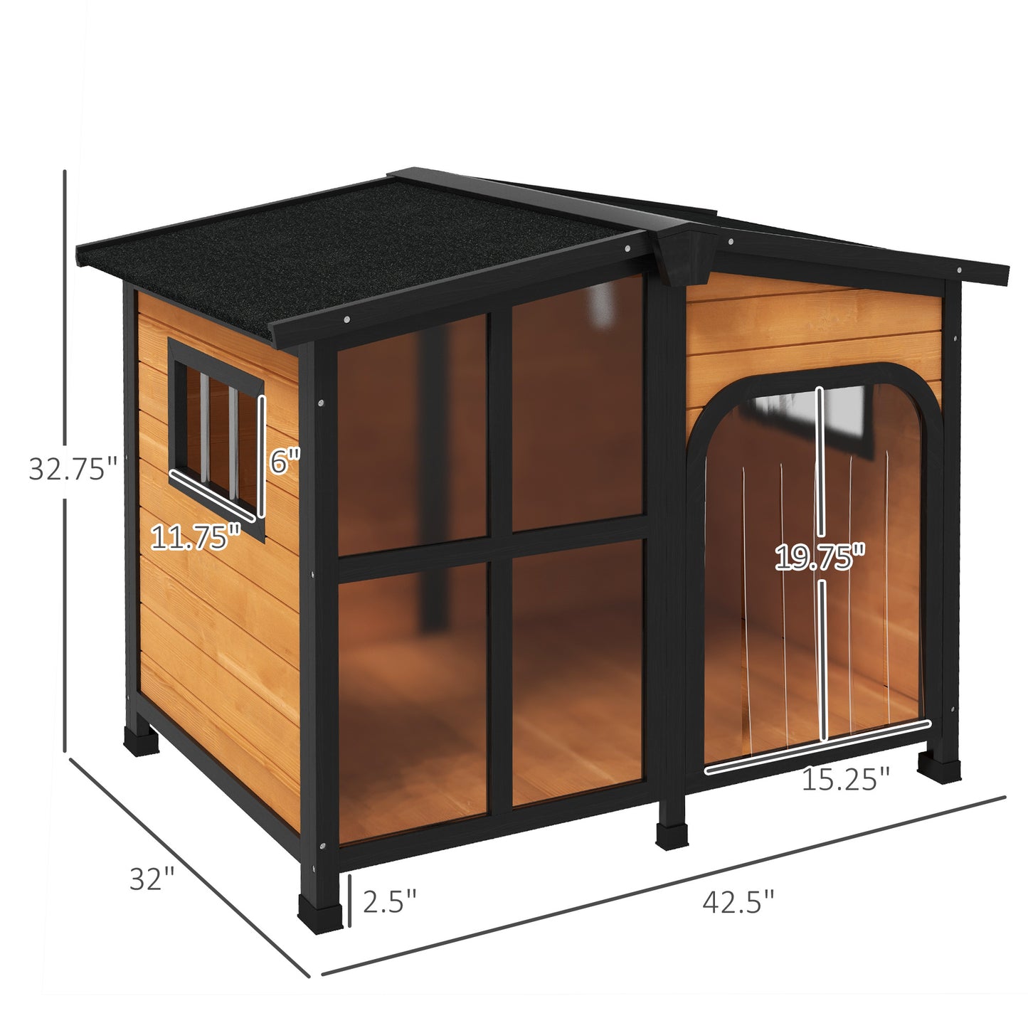 PawHut Outside Cabin-Style Wooden Dog House for Large Dogs with Openable Roof & Giant Window, Outdoor & Indoor Big Dog House, Asphalt Roof, Yellow