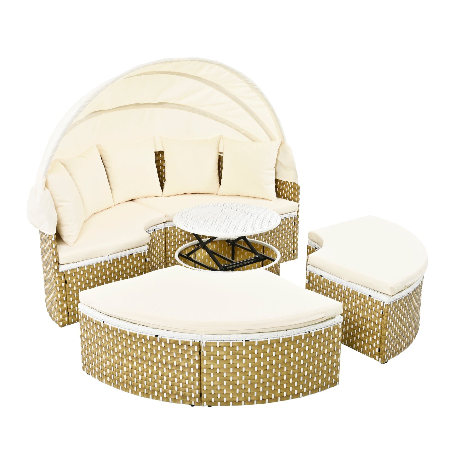 TOPMAX Patio Furniture Round Outdoor Sectional Sofa Set Rattan Daybed Two-Tone Weave Sunbed with Retractable Canopy, Separate Seating and Removable Cushion, Beige