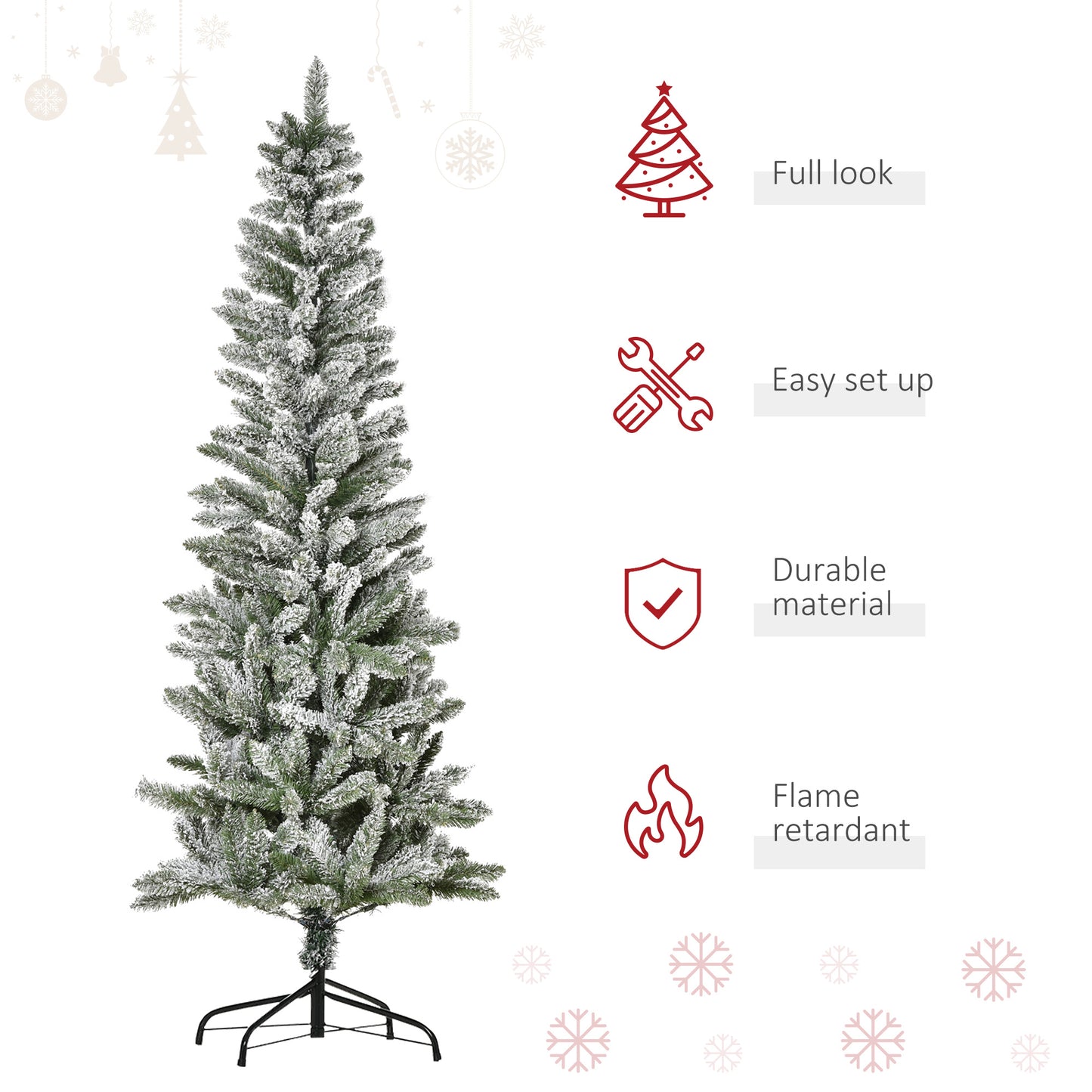 HOMCOM 6ft Unlit Snow-Flocked Slim Pine Artificial Christmas Tree with Realistic Branches and 394 Tips