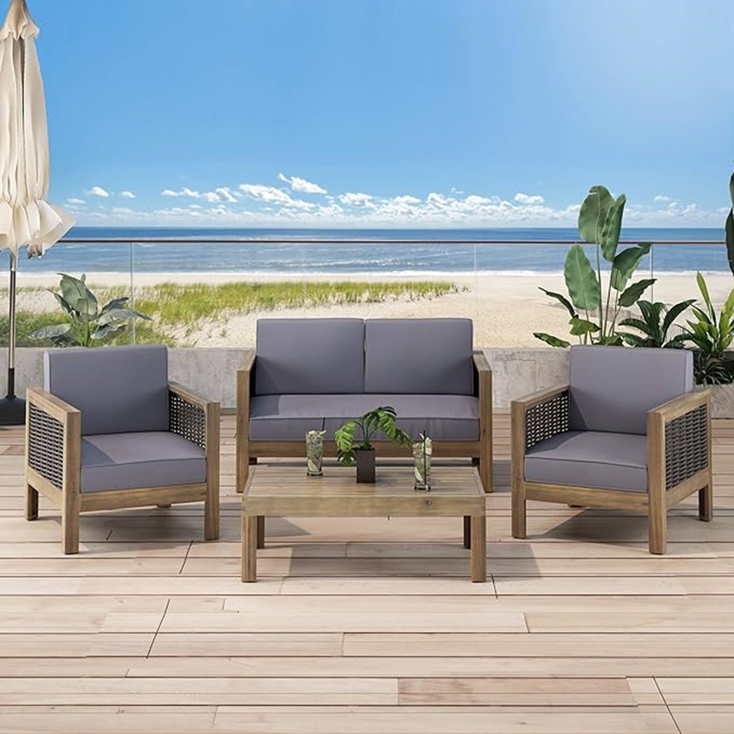 Outdoor 4 Seater Acacia Wood Chat Set with Wicker Accents and Cushions, Gray + Mixed Gray + Dark Gray