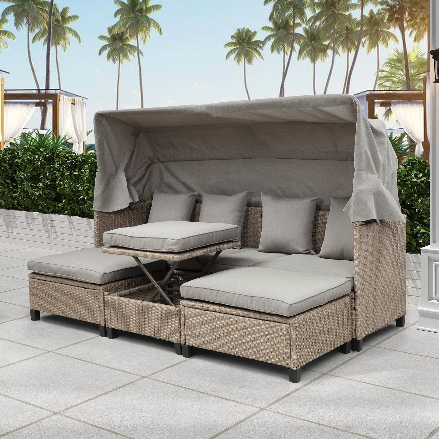 4 Piece UV-Proof Resin Wicker Patio Sofa Set with Retractable Canopy,