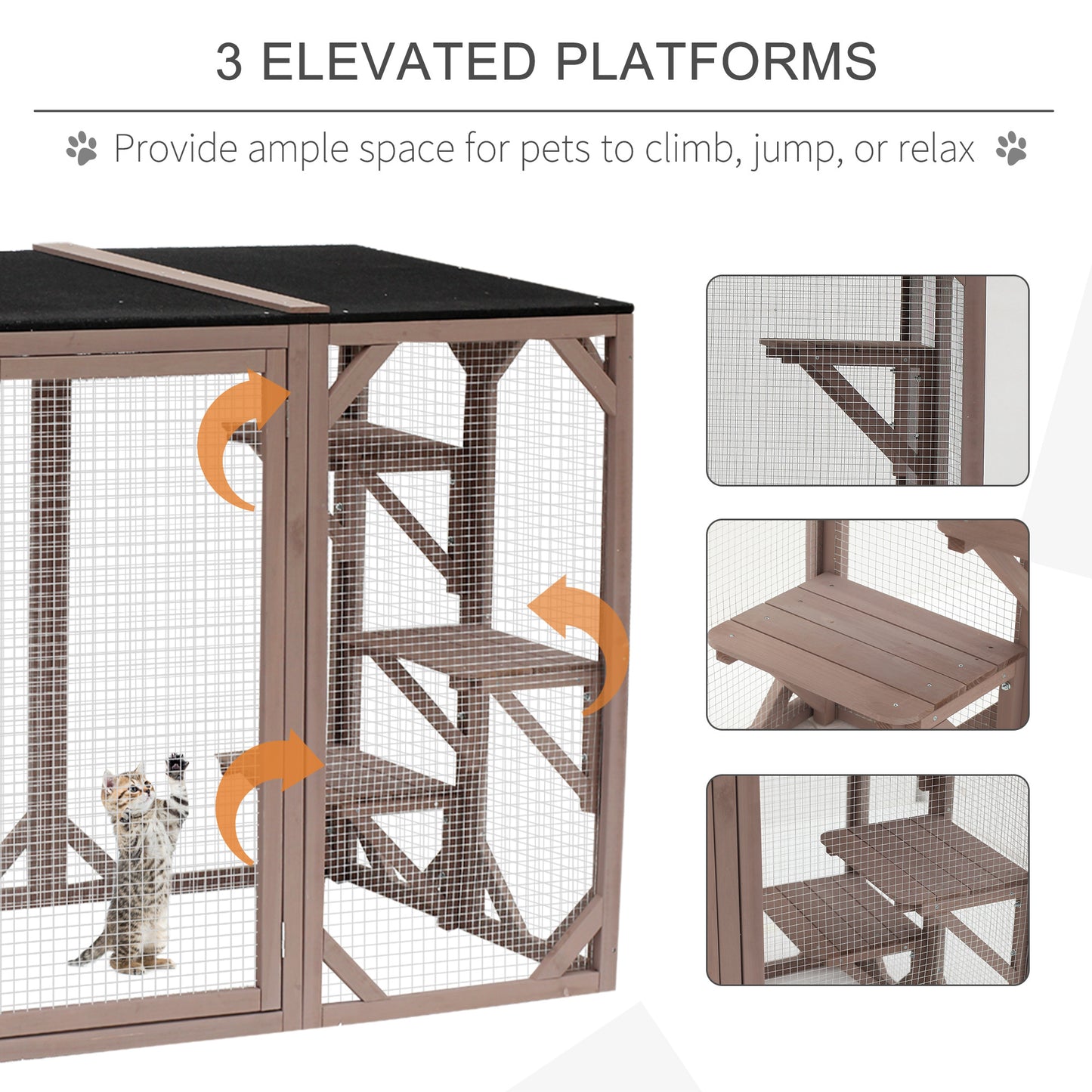 PawHut Outdoor Cat House, Catio Wooden Feral Cat Shelter, Cat Cage with Platforms, Large Enter Door, Weather Protection Asphalt Roof, 71" L, Brown