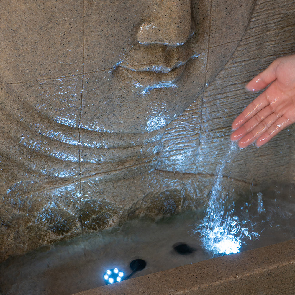 25x13x39" High Sandstone Buddha Fountain, Indoor Outdoor Water Fountain with Light