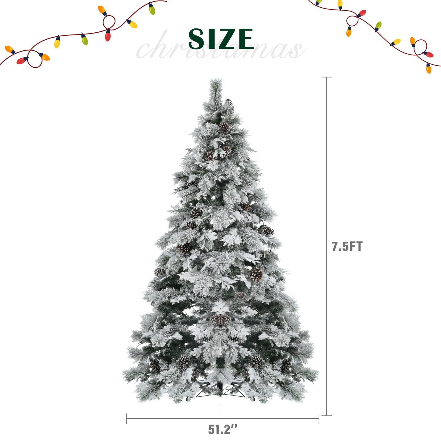 7.5FT Pre-Lit Spruce Snow Flocked Christmas Tree with Pine Cones, Artificial Xmas Tree with 745 Branch Tips,Mixed PE & PVC Branches, 450 Multi-Color LED Lights, 11 Flashing Modes, Holiday Decor