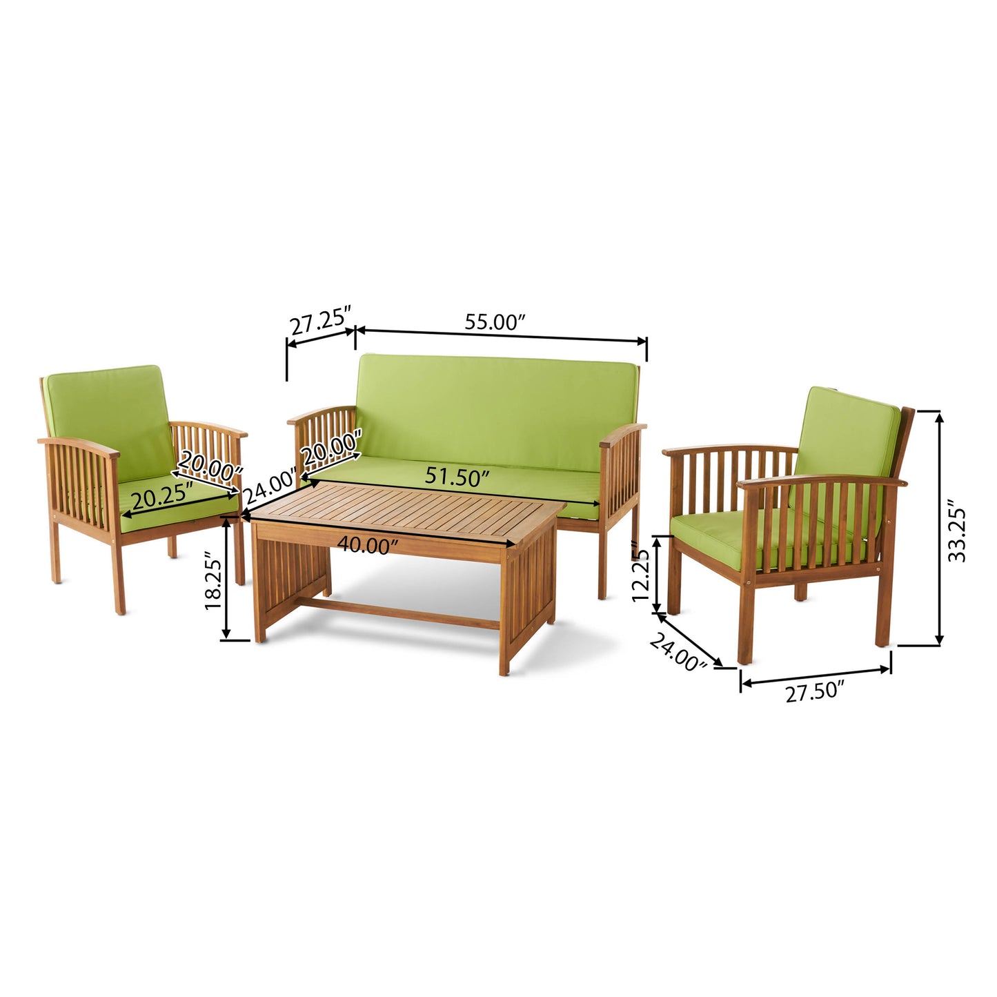 Outdoor Acacia Wood Sofa Set with Water Resistant Cushions, 4-Pcs Set, Brown Patina / Light Green