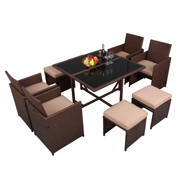 9 Pieces Wood Grain PE Wicker Rattan Dining Patio Furniture Set