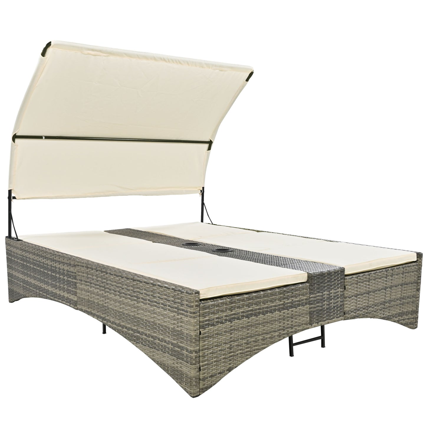 Patio Daybed Outdoor Daybed Outdoor Rattan Sun Lounger with Shelter Roof with Adjustable Backrest, Storage Box and 2 Cup Holders for Patio, Balcony, Poolside,Cream