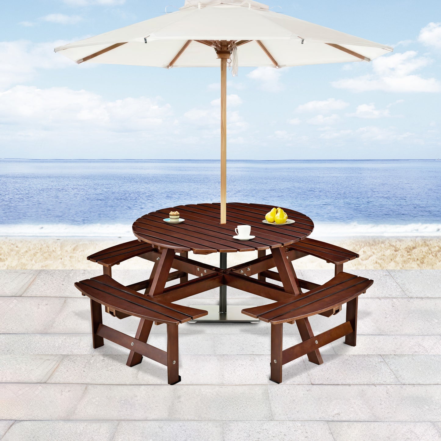 Outdoor 8 Person Picnic Table, 8 person Round Picnic Table with 4 Built-in Benches, Umbrella Hole, Outside Table and Bench Set for Garden, Backyard, Porch, Patio,  Brown