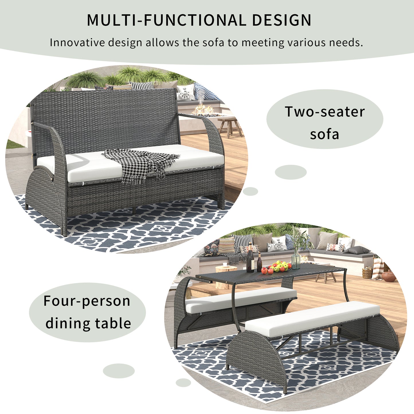 U_STYLE Versatile outdoor loveseat that converts to four seats and a table, suitable for gardens and lawns