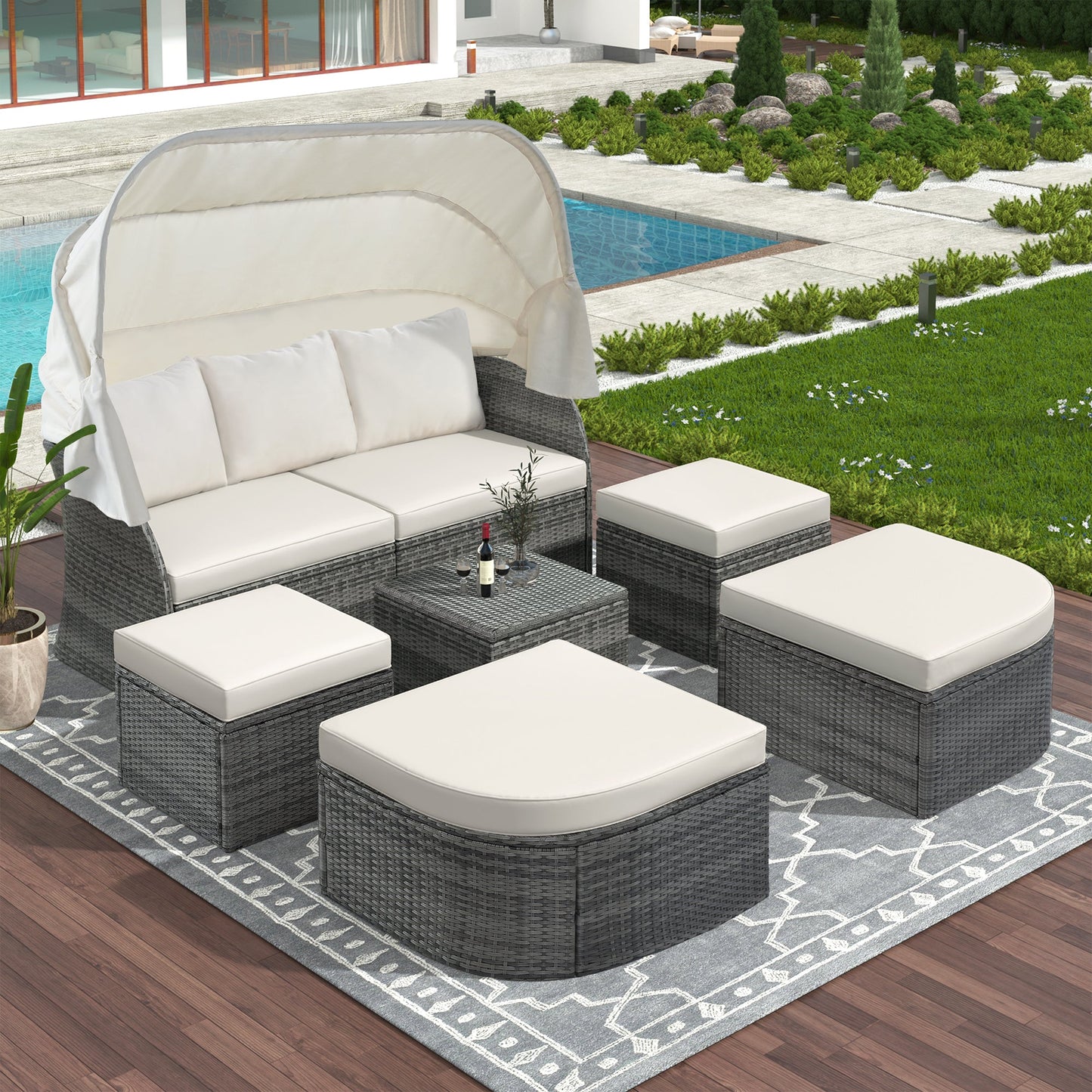 Outdoor Patio Furniture Set Daybed Sunbed with Retractable Canopy