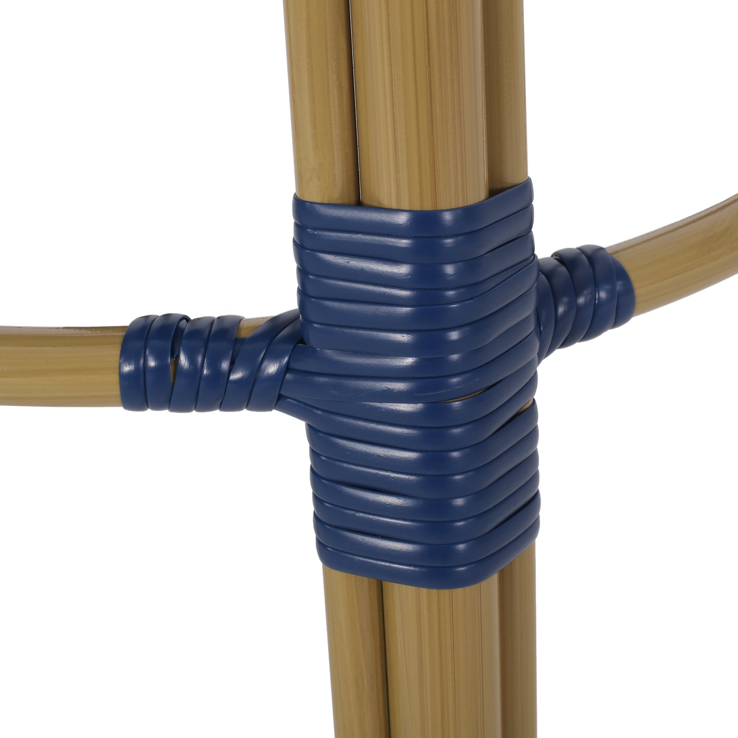 29.5" Outdoor PE Rattan and Aluminum French Barstools, Set of 2, Navy Blue and Bamboo Finish