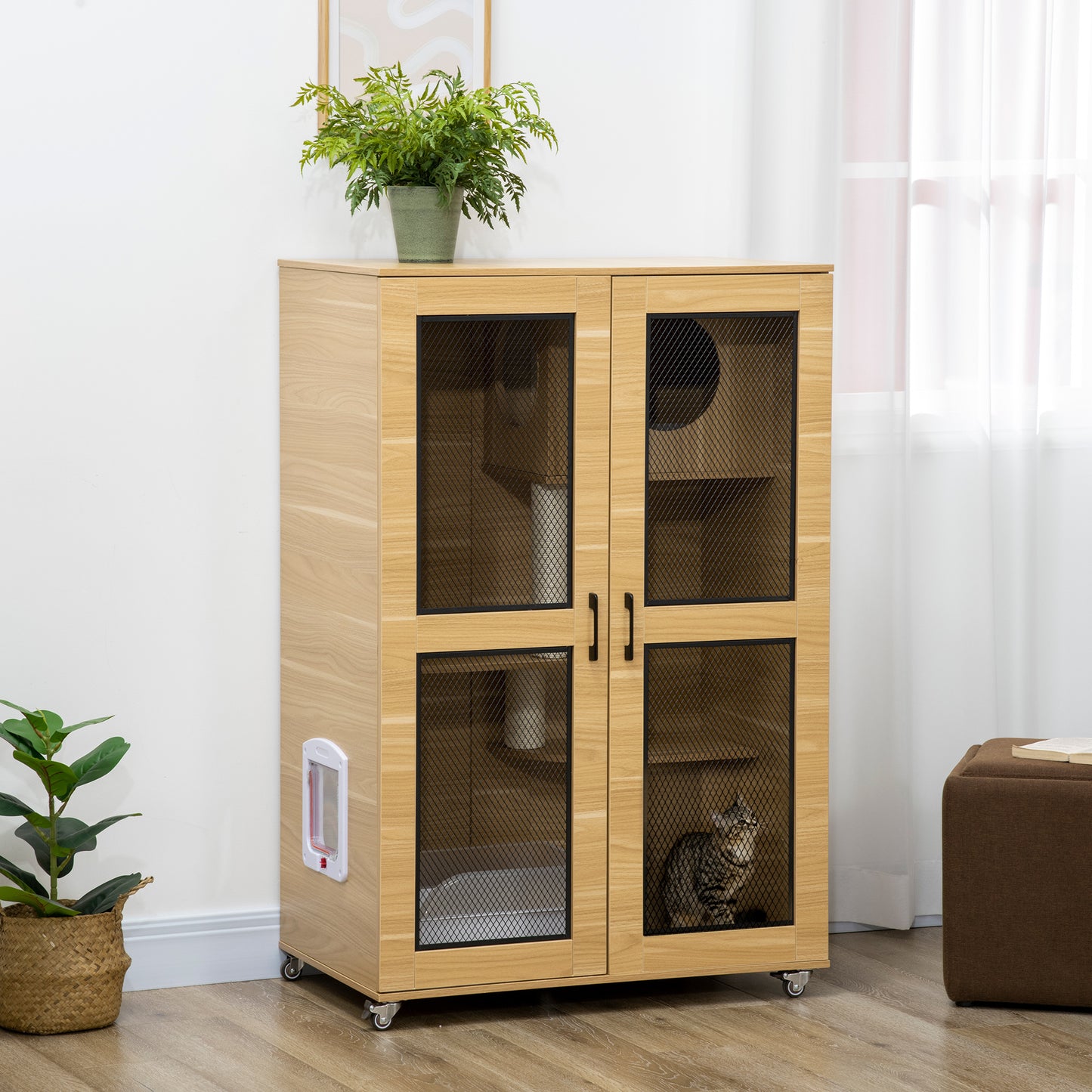 PawHut Luxury Cat House with Wheels,  Kitty Cage Catio Villa for Indoor Cats with Scratching Posts, Condo, Flap Door, Cushion, Oak, 31.5" x 20" x 48.5"