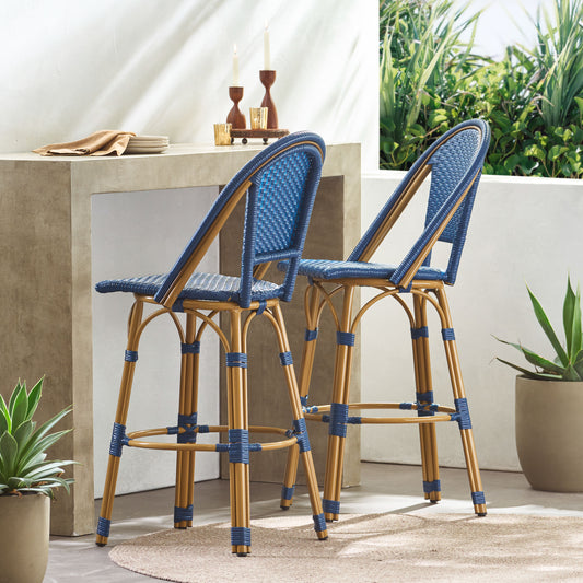 29.5" Outdoor PE Rattan and Aluminum French Barstools, Set of 2, Navy Blue and Bamboo Finish