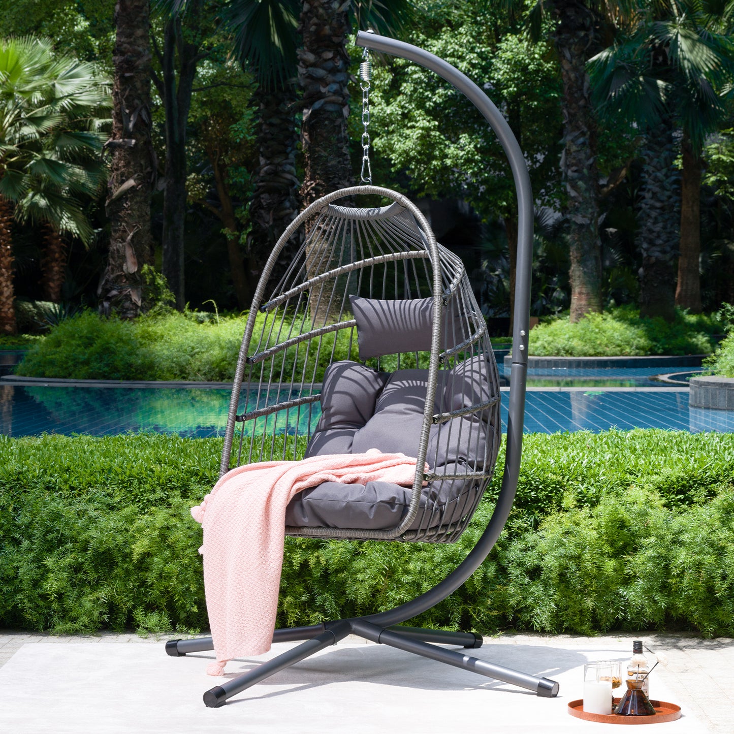 Outdoor Egg Hanging Chair with Stand, Patio Wicker Swing Egg Chair Indoor Swinging Chair Outdoor Hammock Egg Chair