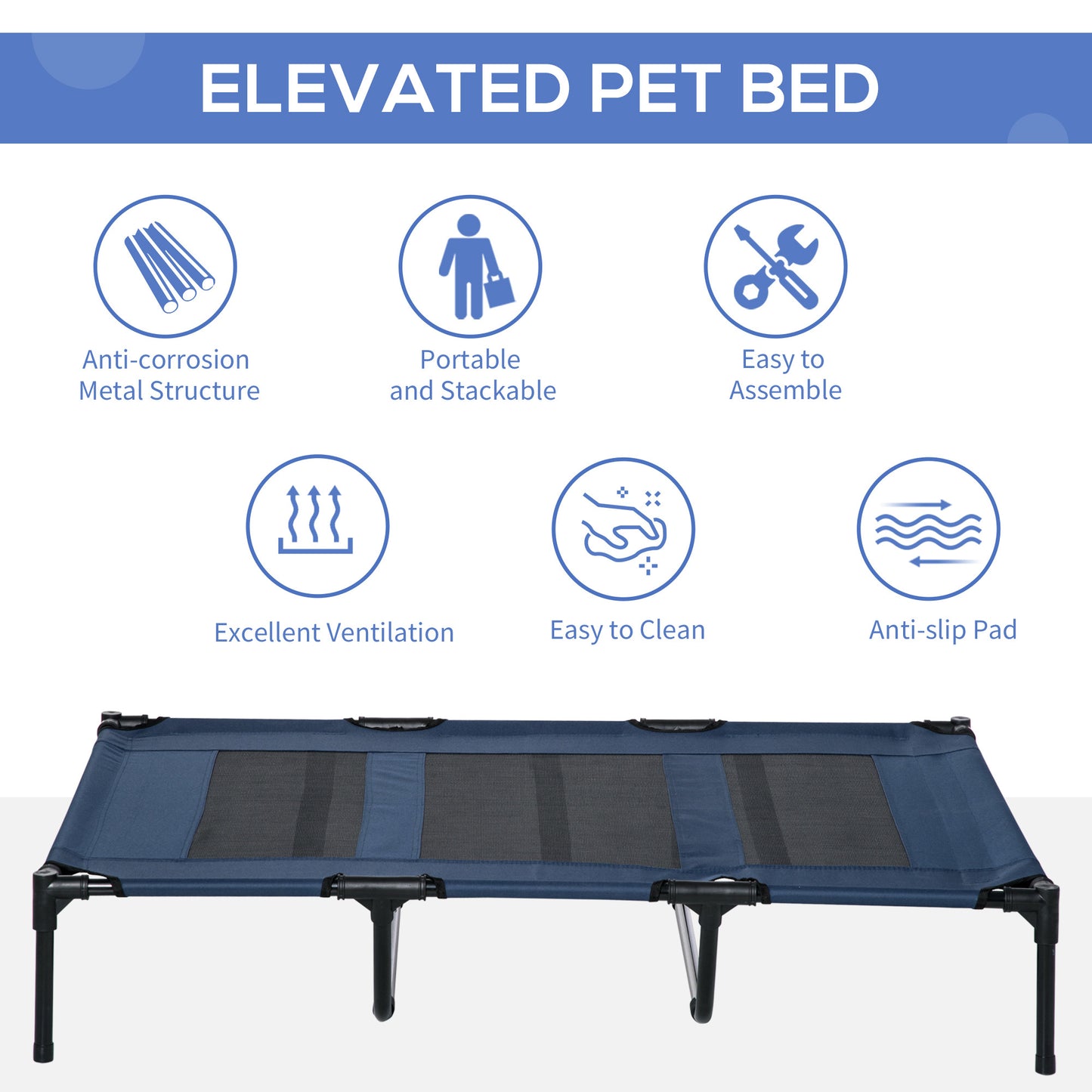 PawHut 48" x 36" Breathable Elevated Dog Bed Portable Pet Cot, Raised Pet Bed w/ Carry Bag Metal Frame Breathable Mesh Indoor and Outdoor Dark Blue