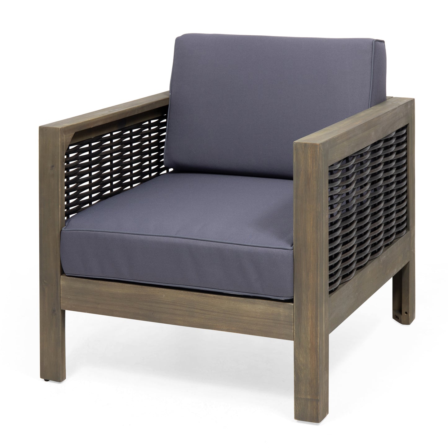 Outdoor 4 Seater Acacia Wood Chat Set with Wicker Accents and Cushions, Gray + Mixed Gray + Dark Gray