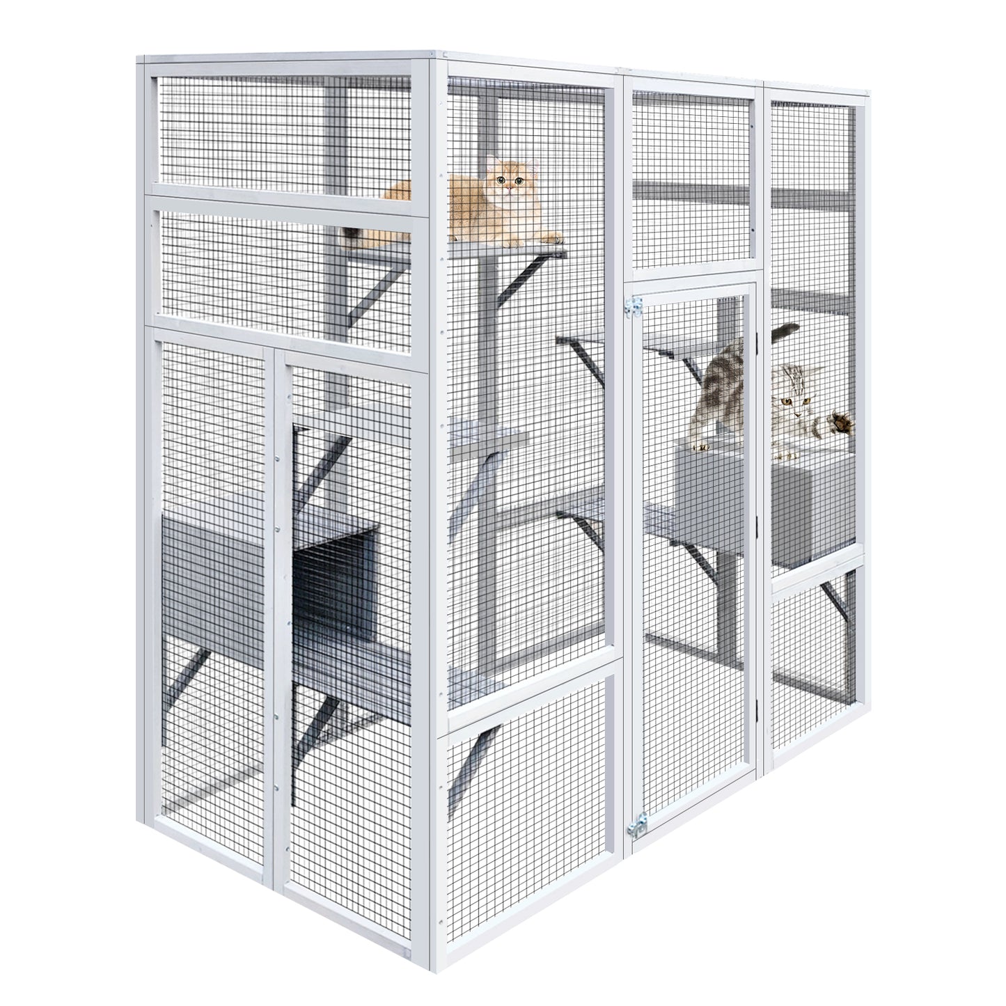 62.6" Outdoor Wooden Cat House Large Catio,  Solid Wood Cat Cage Shelter Enclosure Playpen with Anti-UV& Waterproof, 7 Platforms and 2 Resting Boxes