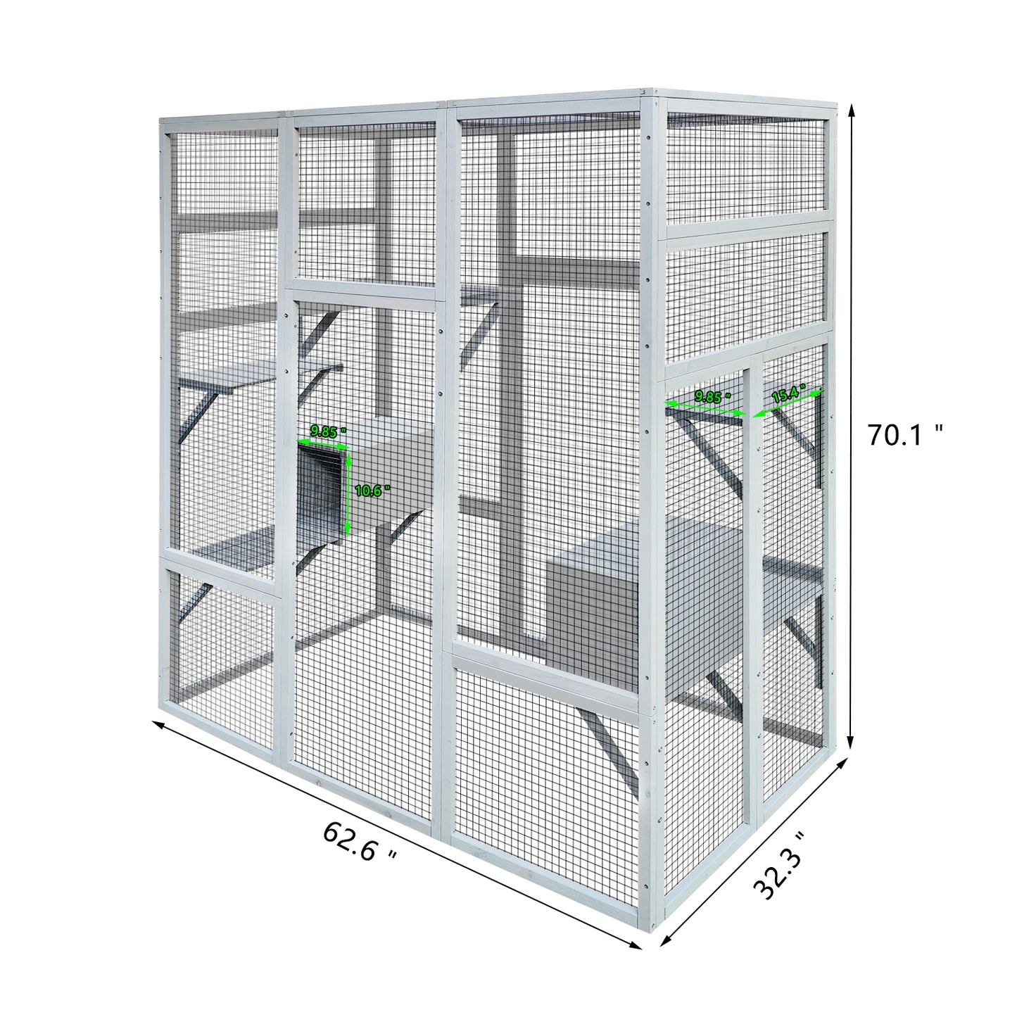 62.6" Outdoor Wooden Cat House Large Catio,  Solid Wood Cat Cage Shelter Enclosure Playpen with Anti-UV& Waterproof, 7 Platforms and 2 Resting Boxes