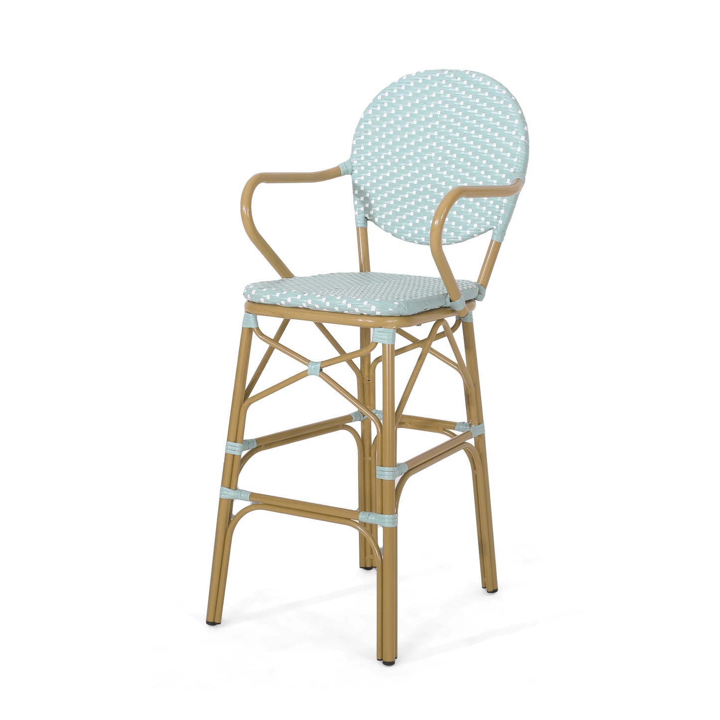 Outdoor Wicker and Aluminum 29.5" French Barstools, Set of 2, Teal, Bamboo Print Finish