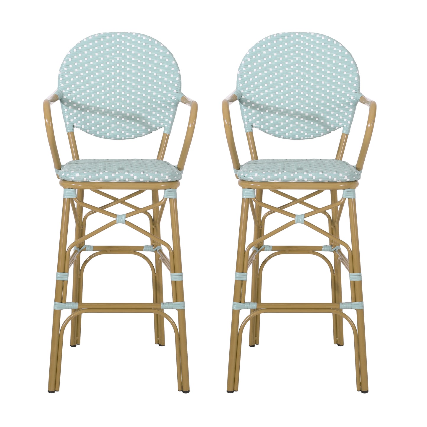 Outdoor Wicker and Aluminum 29.5" French Barstools, Set of 2, Teal, Bamboo Print Finish