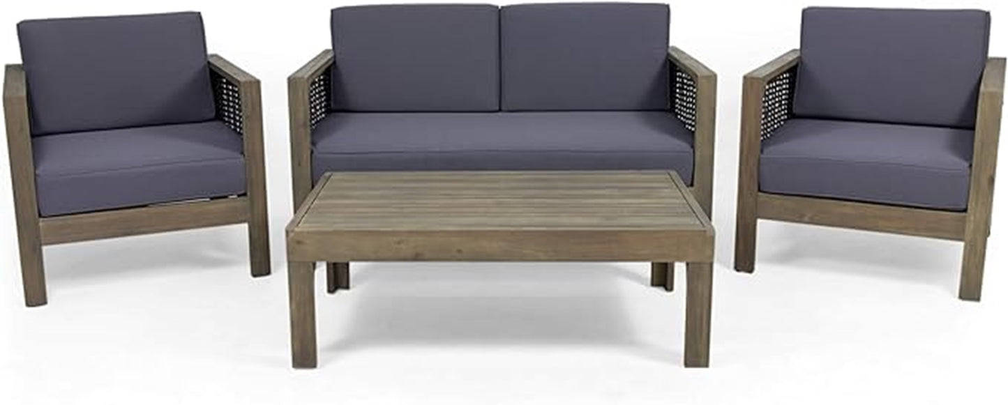 Outdoor 4 Seater Acacia Wood Chat Set with Wicker Accents and Cushions, Gray + Mixed Gray + Dark Gray