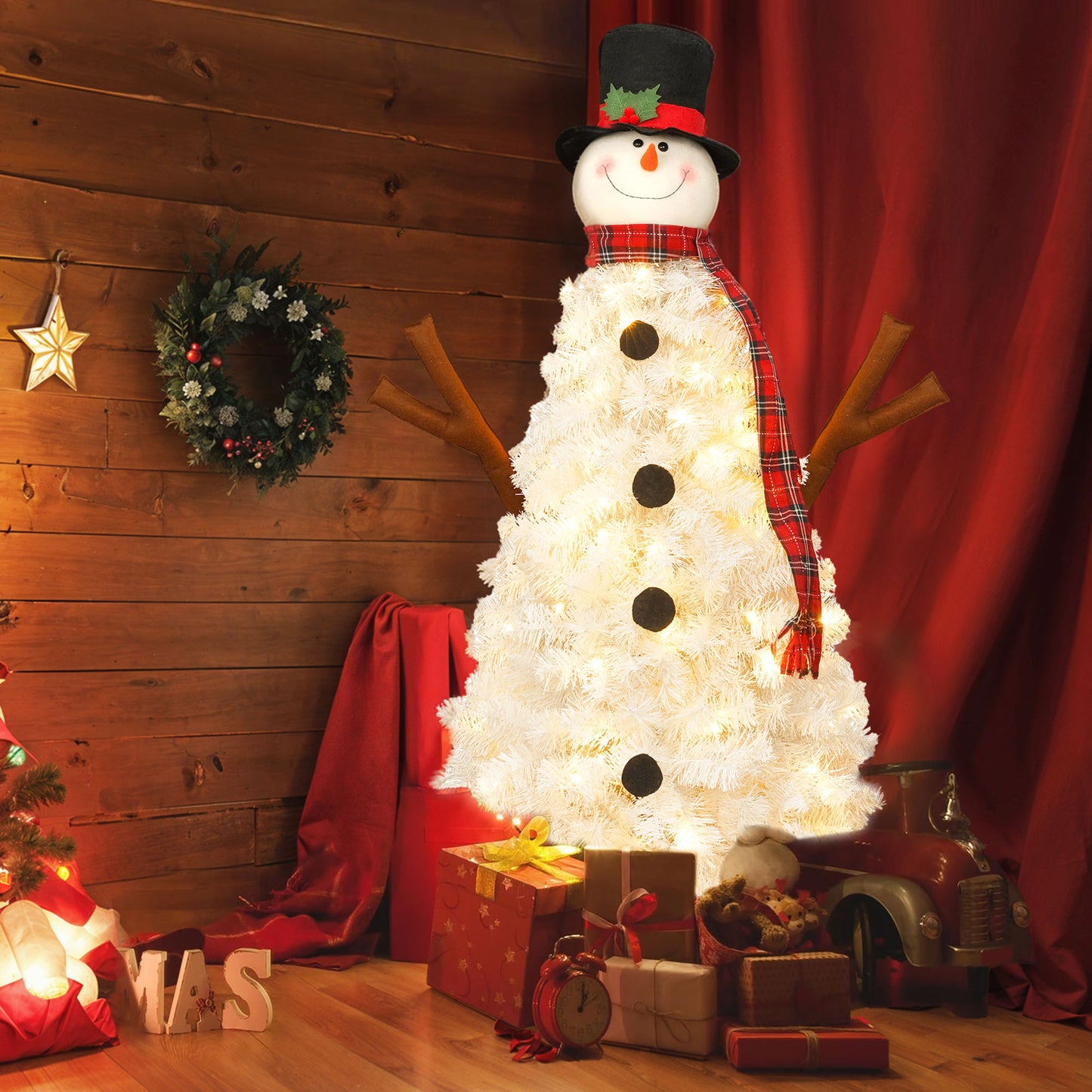 4ft Pre-lit Christmas Tree with 100 Lights, Snowman-Shaped Artificial Christmas Tree,  Xmas Tree with 380 Branch Tips, PVC Festival Celebration Decoration Inside and Outside