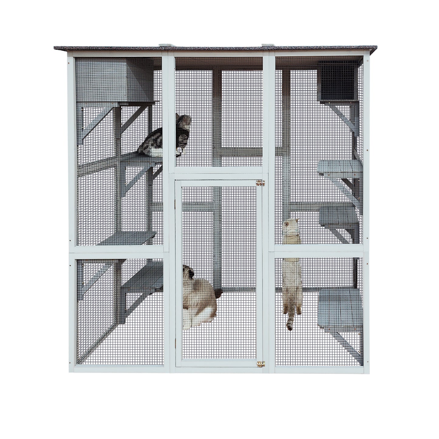 Wooden Catio Outdoor Cat Enclosure, 71"  Outdoor Gray Cat House Weatherproof  Asphalt Roof, Large Solid Wood Cat Cage with 6 Jumping Platforms & 2 Napping Houses, Walk-in Cat Kennel Condo Shelter