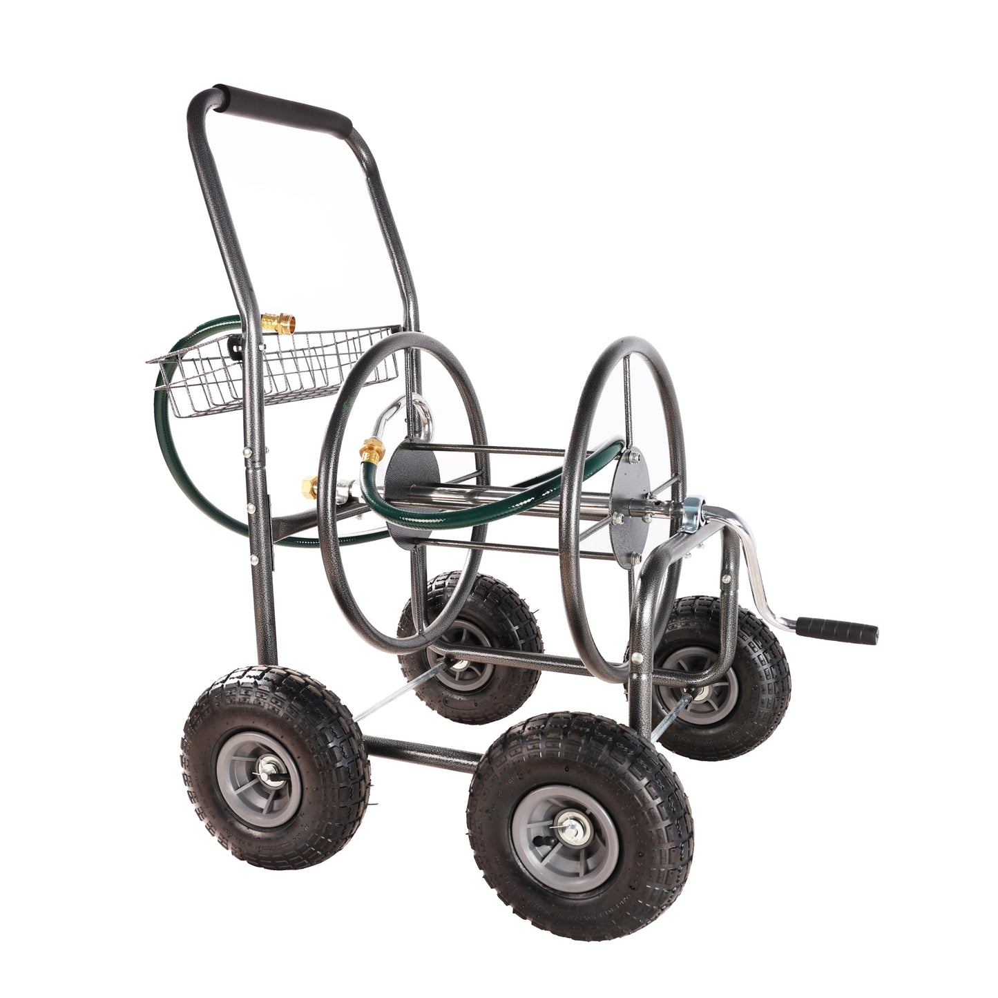 Garden Hose Reel Cart - 4 Wheels Portable Garden Hose Reel Cart with Storage Basket Rust Resistant Heavy Duty Water Hose Holder