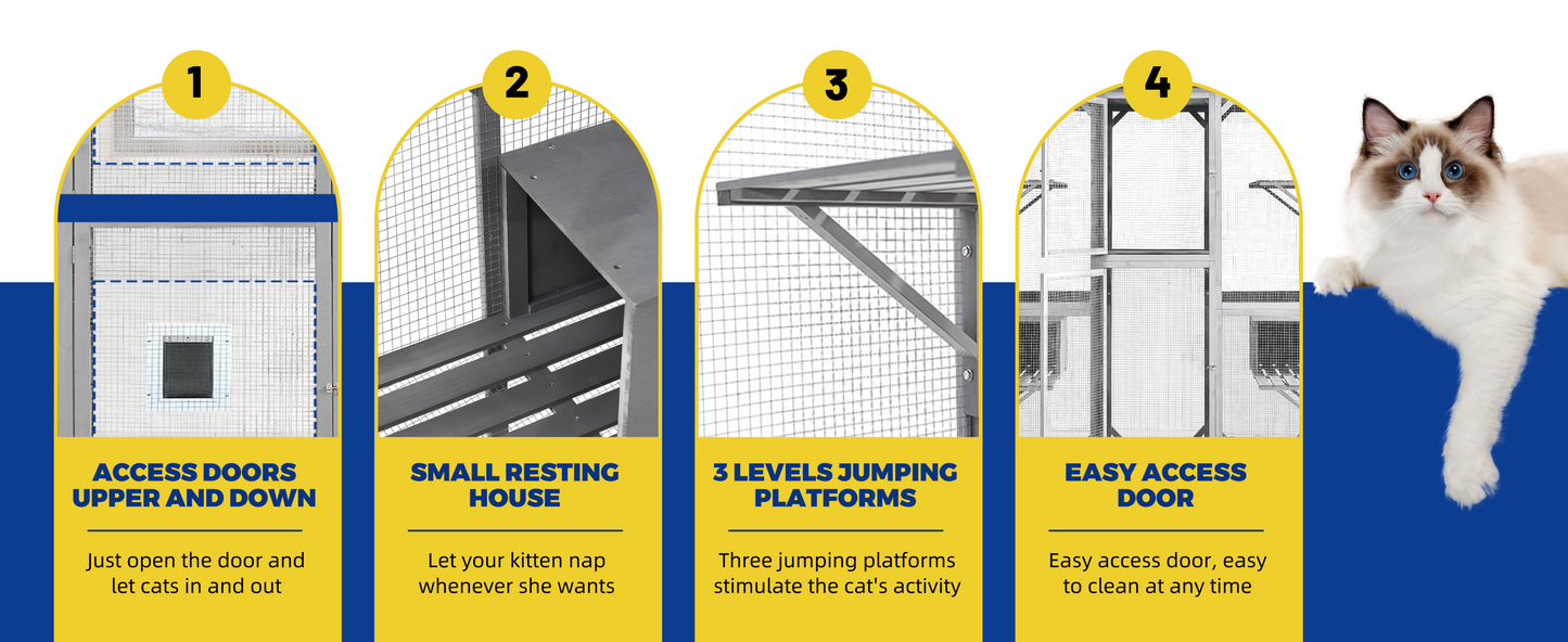 Catio Outdoor Cat Enclosure with Roof 72" Height Cat Wooden House Large Cat Cage with 3 Jumping Platforms and 2 Napping Houses for Cat Activity (Grey)
