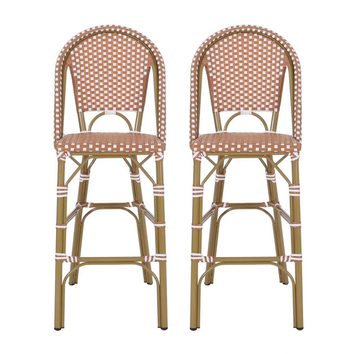 29.5" Outdoor PE Rattan French Barstool, Rust Red and White, Aluminum Frame with Bamboo Finish (Set of 2)