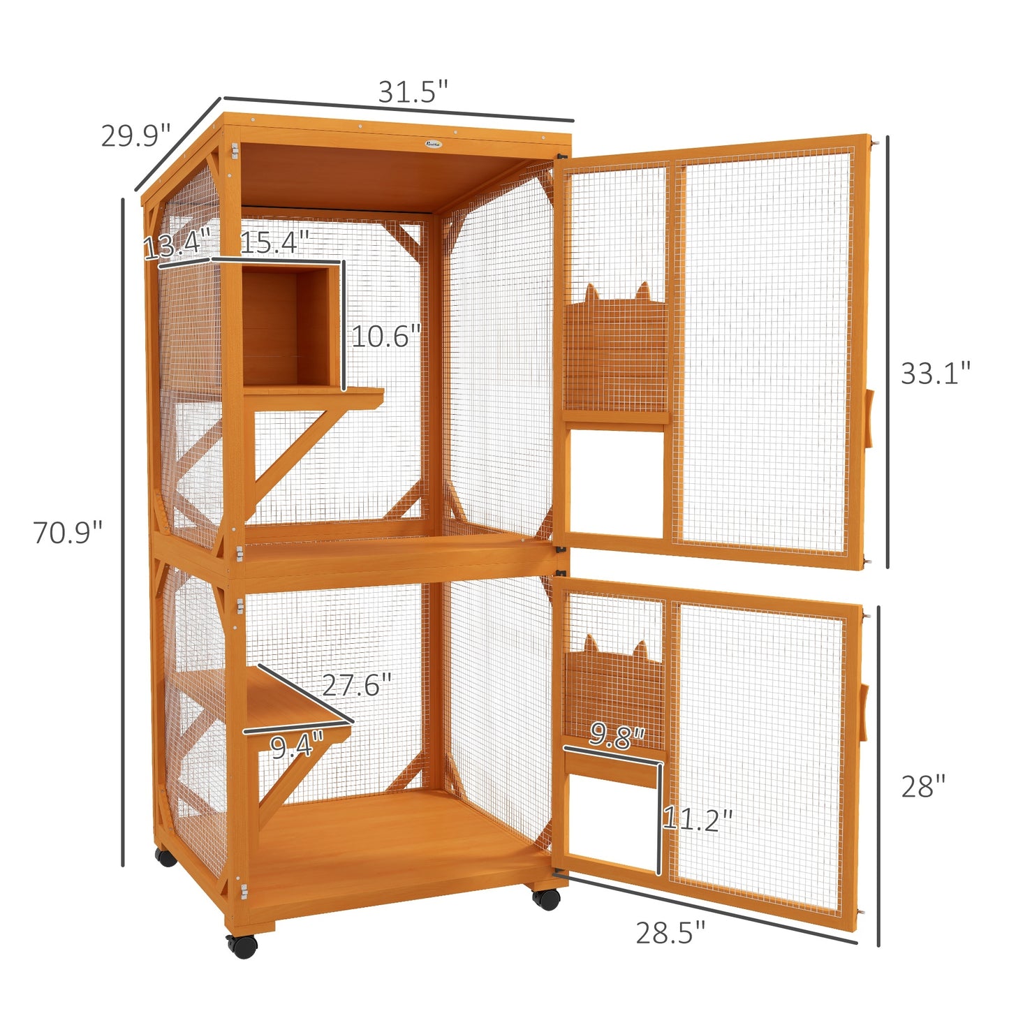 PawHut Large Cat House with High-Up Resting Box, 71" Wooden Catio with Asphalt Roof, Indoor & Outdoor Cat Enclosure on Wheels, for 1-3 Cats, Orange