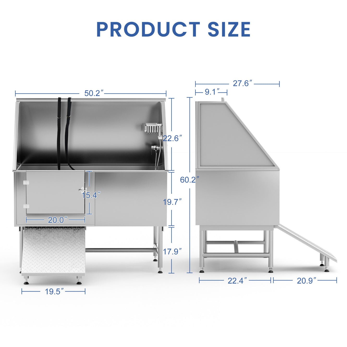 Pet Bathtub - 50 Inch Professional Dog Rinse Station (Left Side Ramp) with Faucet, Leash and Other Accessories, Adjustable Legs, Pet Wash Station for Dogs of All Sizes,50.2"L x 27.6"W x 60.2"H