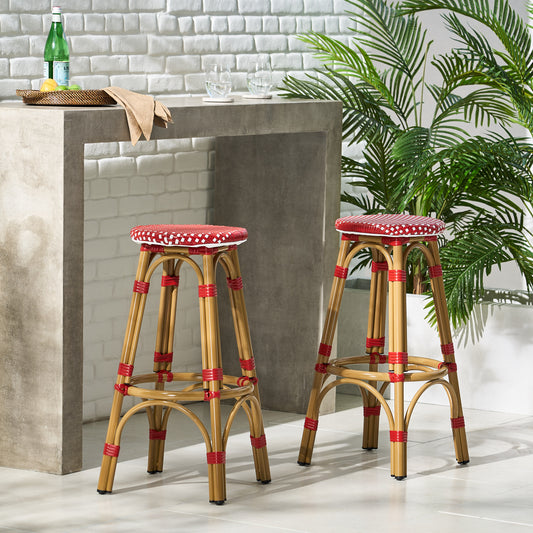 Outdoor PE Ratten and Aluminum 29.5" French Backless Barstools, Set of 2, Red, Bamboo Print Finish