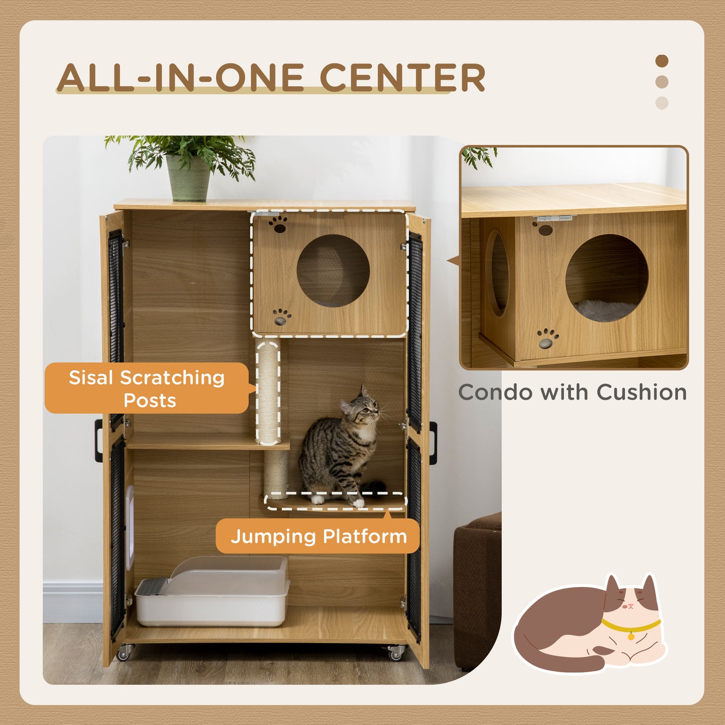 PawHut Luxury Cat House with Wheels,  Kitty Cage Catio Villa for Indoor Cats with Scratching Posts, Condo, Flap Door, Cushion, Oak, 31.5" x 20" x 48.5"