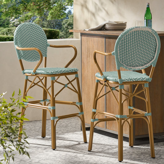 Outdoor Wicker and Aluminum 29.5" French Barstools, Set of 2, Teal, Bamboo Print Finish