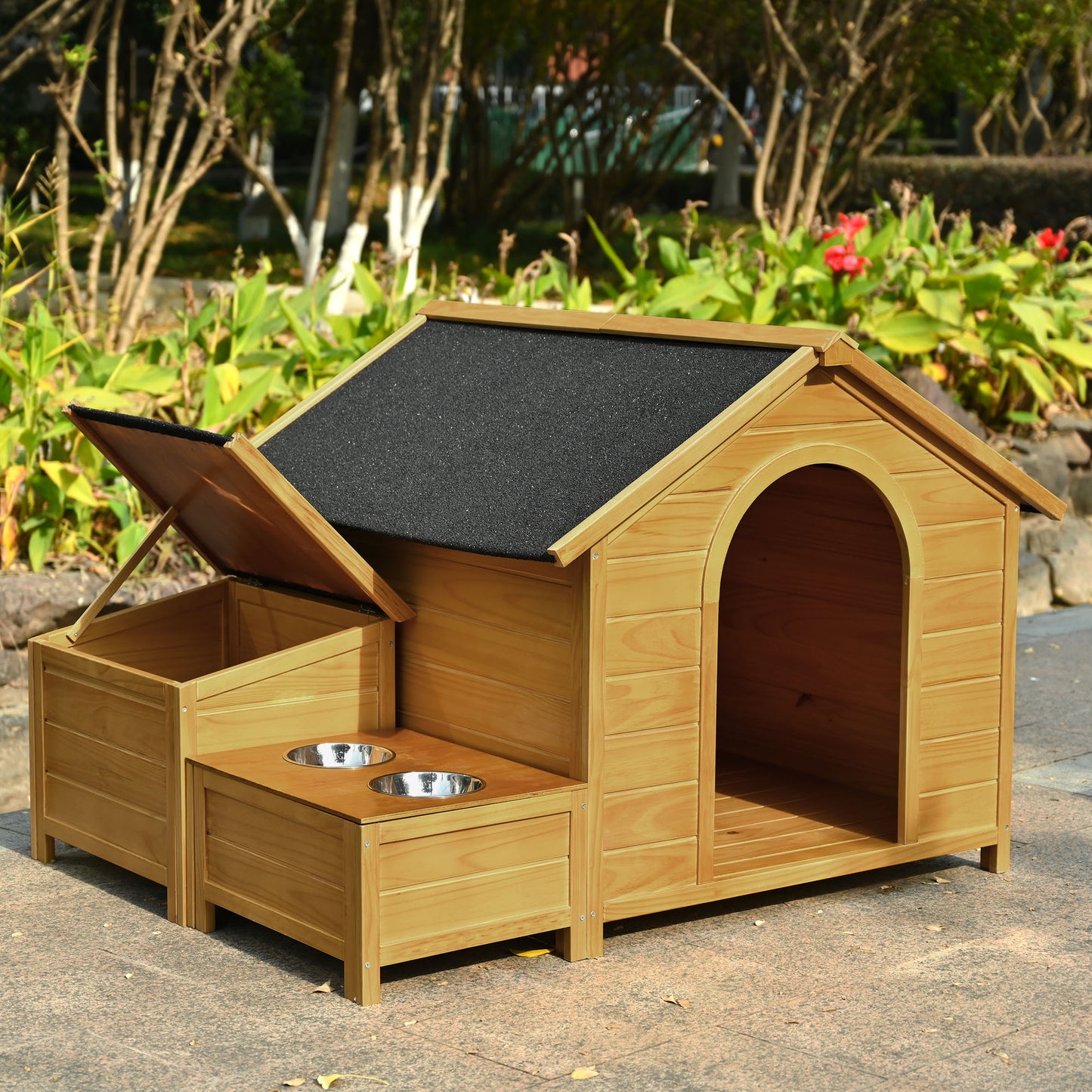 GO 51.18" L x 43.7" W x 37" H Large Size Wooden Dog House, Dog Crate For large dog breeds, Cabin Style Raised Dog Shelter with Asphalt Roof, Solid Wood, Weatherproof, Nature