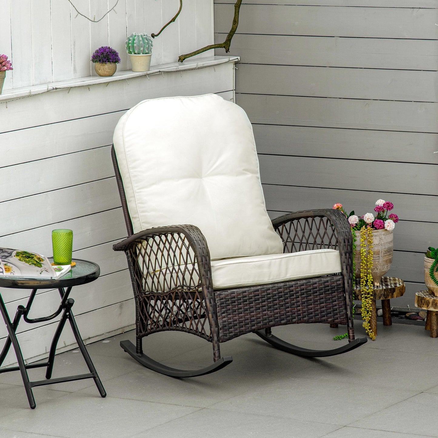 Outsunny Outdoor Wicker Rocking Chair with Wide Seat, Thick, Soft Cushion, Rattan Rocker w/Steel Frame, High Weight Capacity for Patio, Garden, Backyard, Cream White