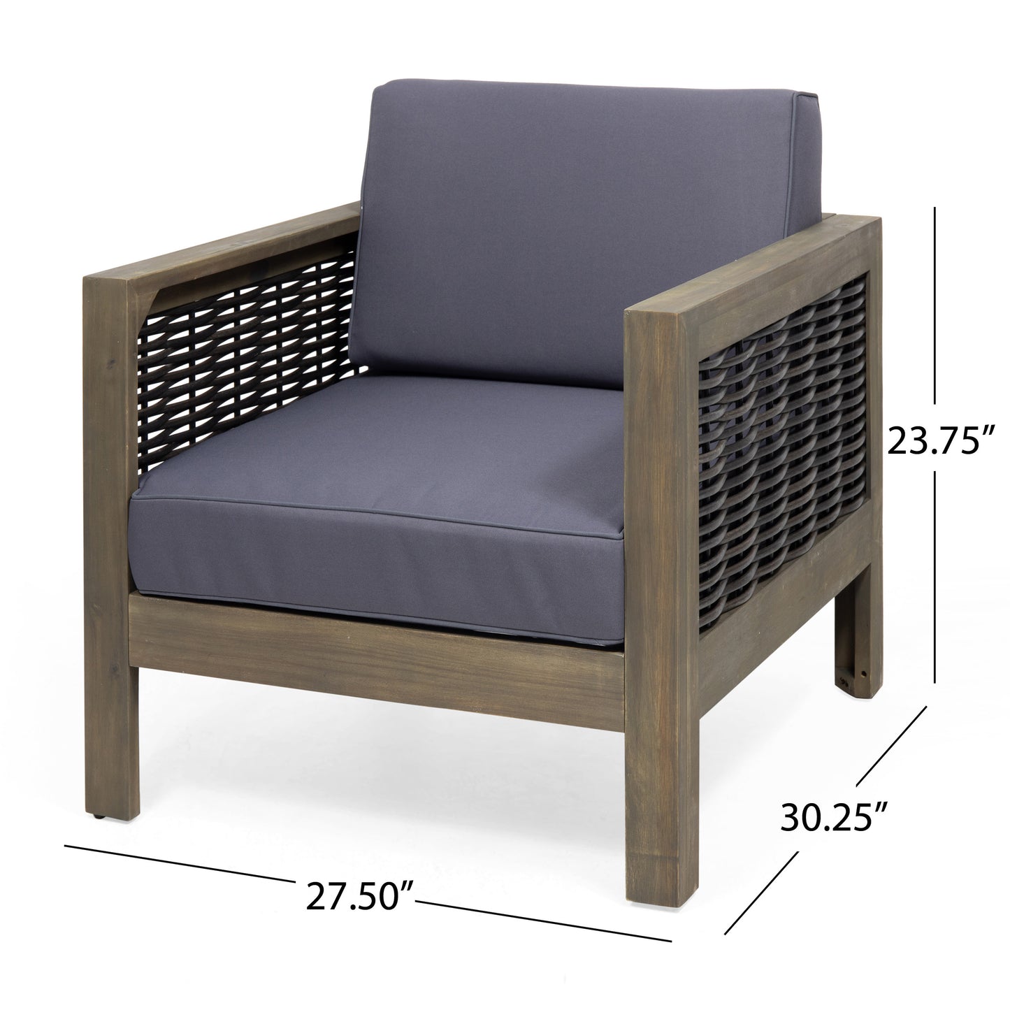 Outdoor 4 Seater Acacia Wood Chat Set with Wicker Accents and Cushions, Gray + Mixed Gray + Dark Gray