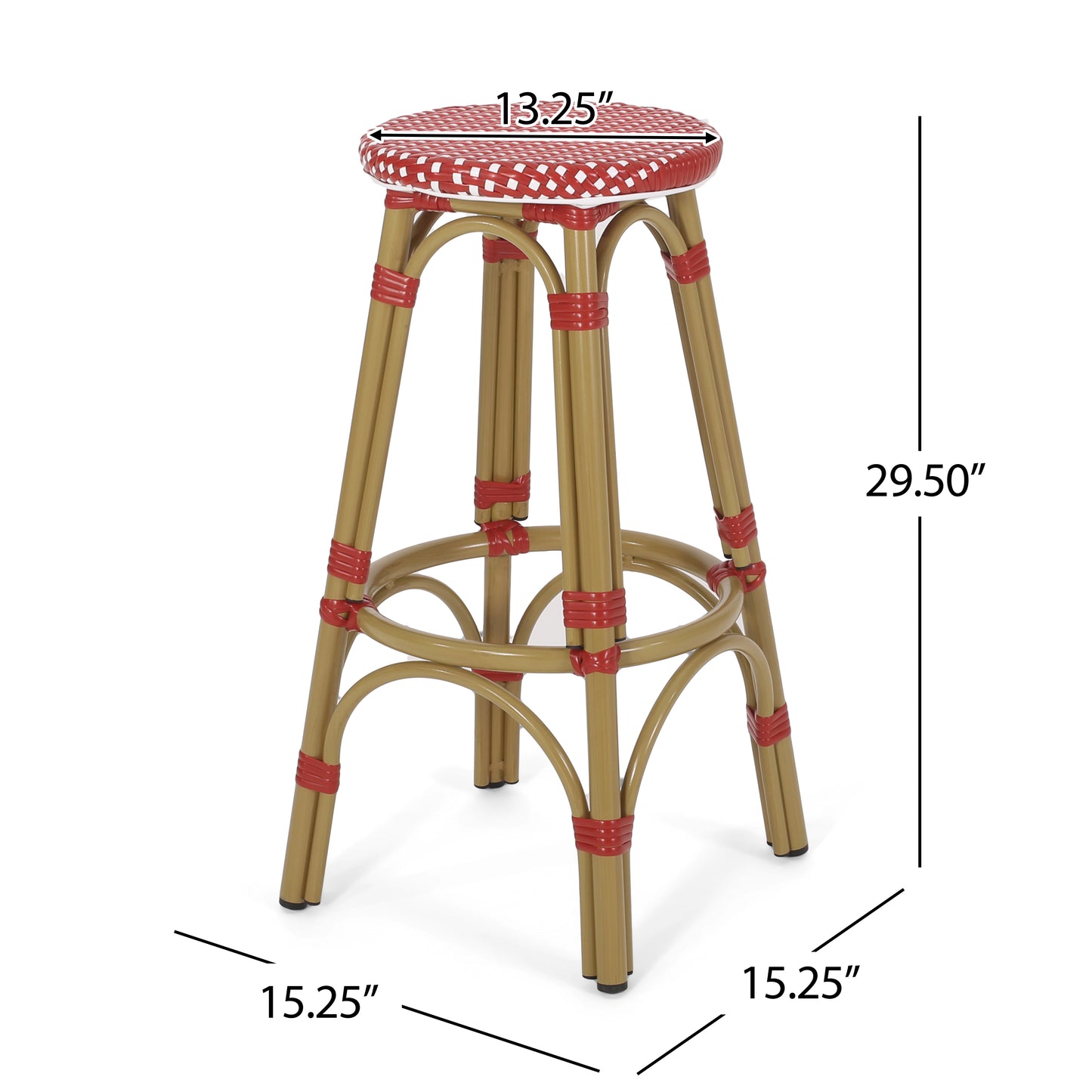 Outdoor PE Ratten and Aluminum 29.5" French Backless Barstools, Set of 2, Red, Bamboo Print Finish