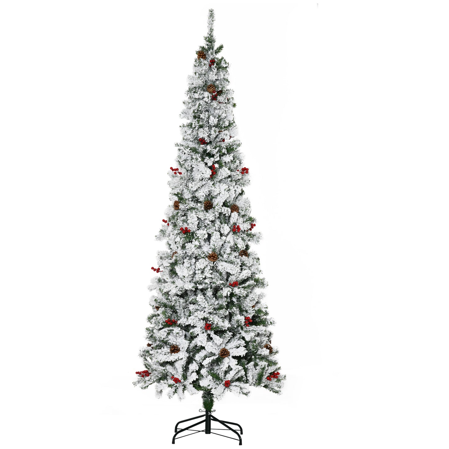 HOMCOM 7.5' Pencil Snow Flocked Artificial Christmas Tree with 600 Pine Realistic Branches, Pine Cones, Red Berries, Auto Open, Green