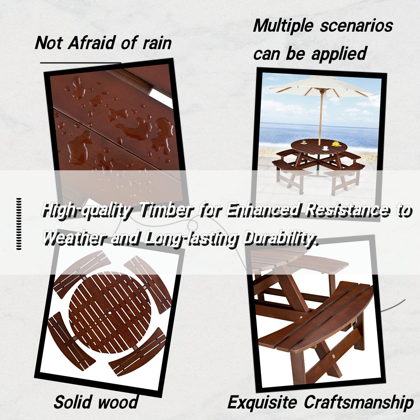 Outdoor 8 Person Picnic Table, 8 person Round Picnic Table with 4 Built-in Benches, Umbrella Hole, Outside Table and Bench Set for Garden, Backyard, Porch, Patio,  Brown