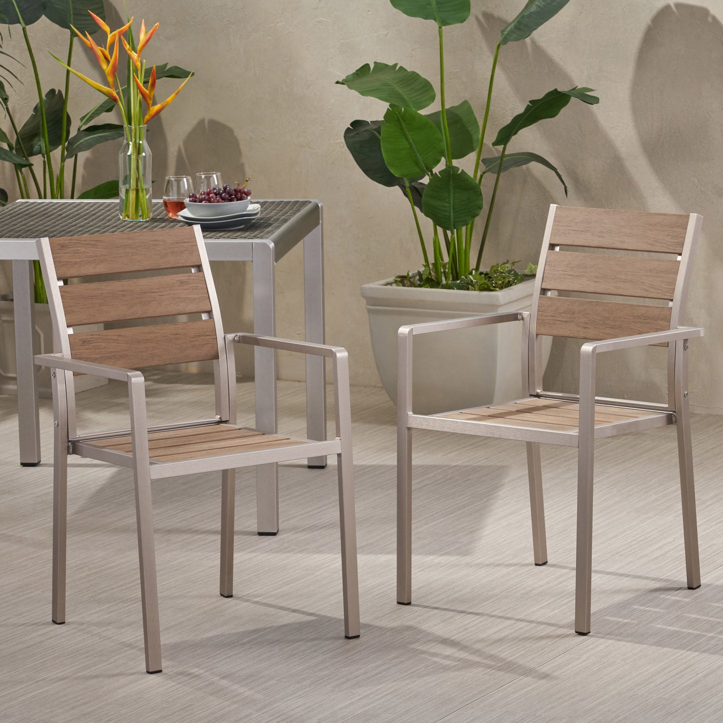 Outdoor Modern Aluminum Dining Chair with Faux Wood Seat (Set of 2), Natural and Silver